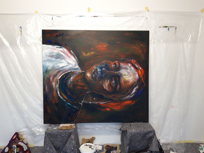 "Selbstportrait"(2022), freie Arbeit, Acryl auf Leinwand (160 x 145cm)
