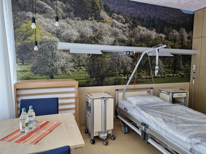 Patientenzimmer mit Fototapete aus der Region