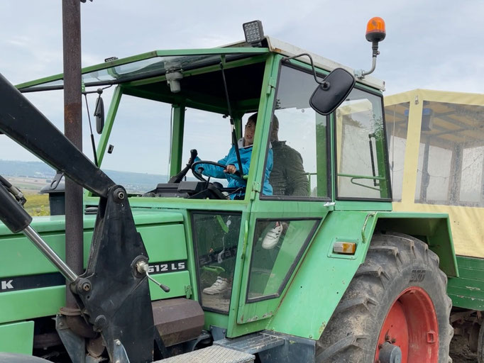 Dario vom Haus St. Martin bedient die mächtige Schaufel des Traktors von Winzer Burkhard Runkel