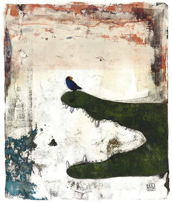 Dem Ungeheuer in den Schlund spucken, Monotypie auf Papier, 2023, 35 x 30 cm