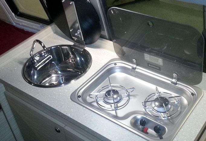 2 burner LPG cramer stove and round sink