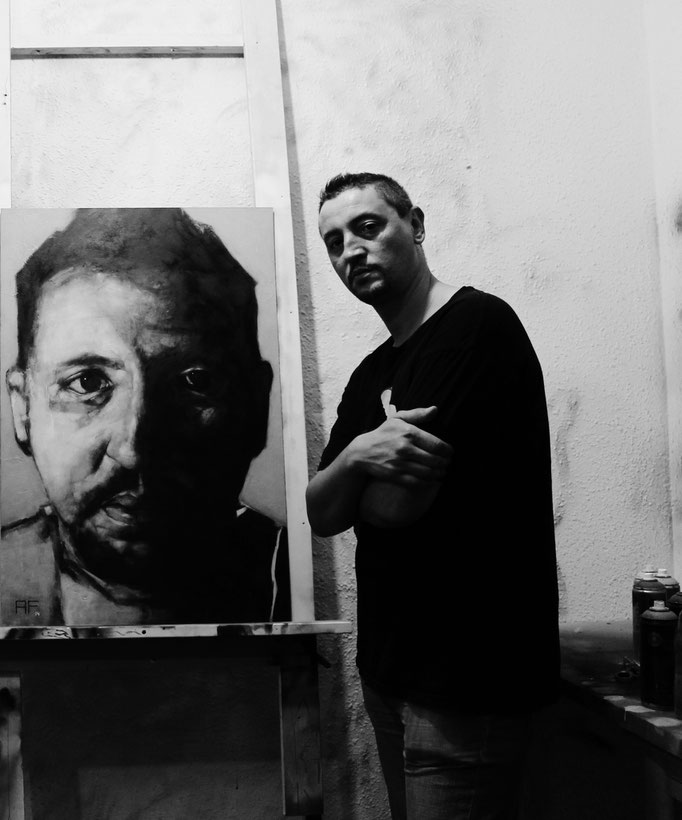 Franck and his portrait in my studio, Barcelona, Spain, 2014