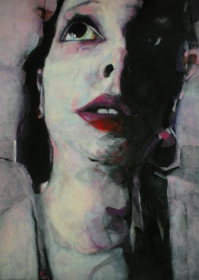 'ALEX'. Spray paint, collage on hardboard. 98 x 71cm. 2012