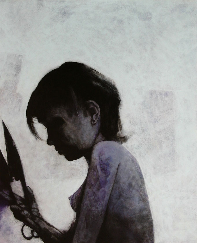 'ALEX WITH SCISSORS'. Spray paint on hardboard. 91 x 76cm. 2009