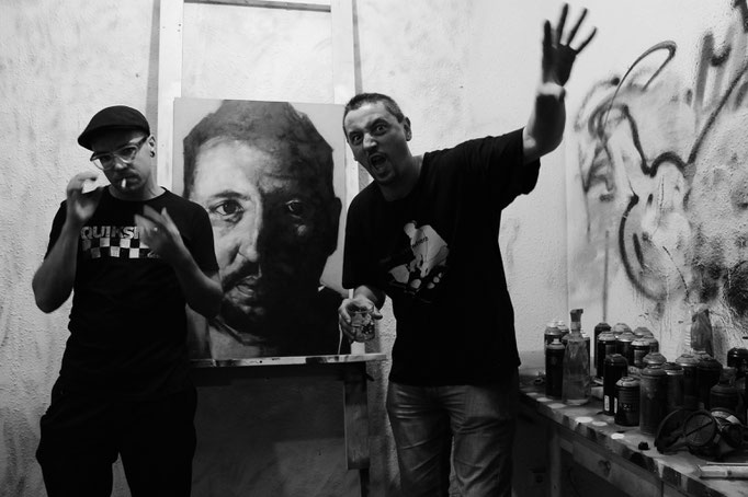 With Franck and his portrait in my studio, Barcelona, Spain, 2014