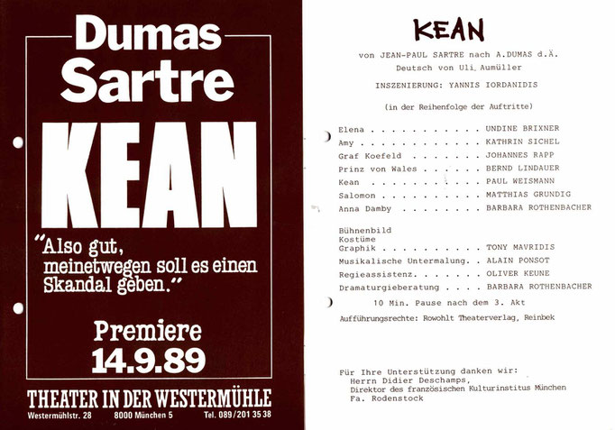 „Kean“ von Jean-Paul Sartre nach Alexandre Dumas (dem Älteren), Faltblatt, Premiere am 14.09.1989 • Ο Κην, των Δουμα και Σαρτρ
