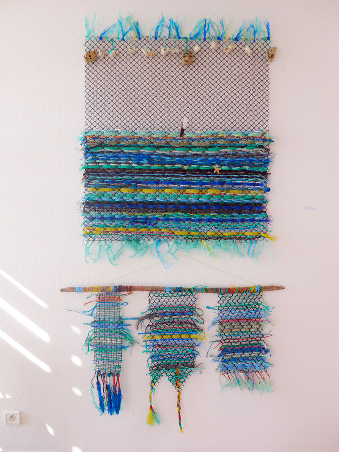 TOTOUS tissage textile/poche d'huitres/coquillages/cailloux/plume/étoile de mer/ganivelle Matériaux de récolte et de recyclage Caroline Delannoy 150cm
