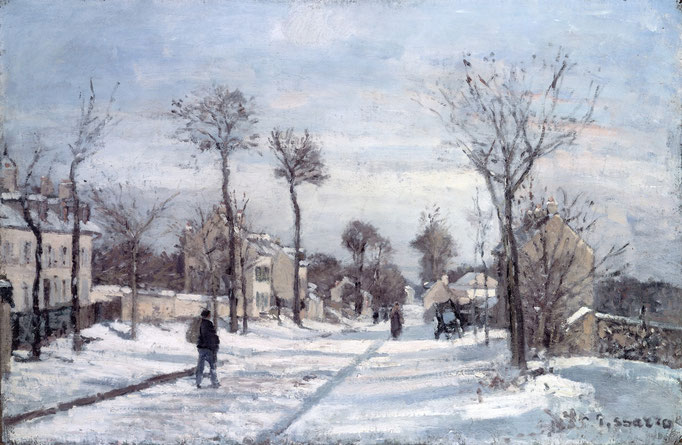 カミーユ・ピサロ　《ルーヴシエンヌの雪道》　1870年頃　油彩、カンヴァス　43.5×65.5cm　©Foundation E.G. Bührle Collection,
