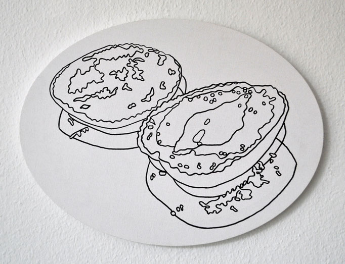 "Brötchen mit Frischkäse und Honig 2", 2016, oval (30x40 cm), Edding auf LW