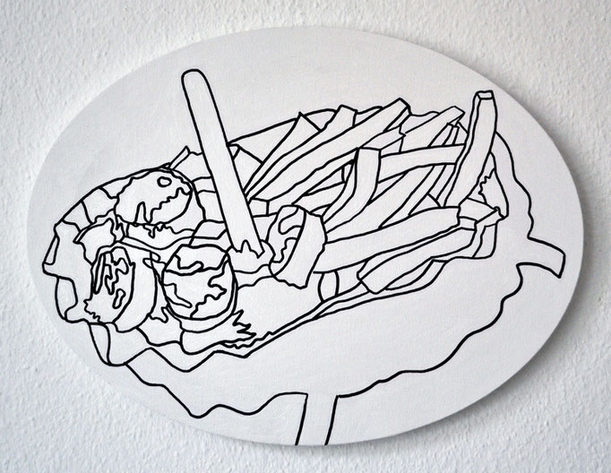 "Pommes Currywurst 2", 2016, oval (30x40 cm), Edding auf LW