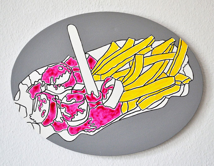 "Pommes Currywurst", 2016, oval (30x40 cm), Acryl und Edding auf LW