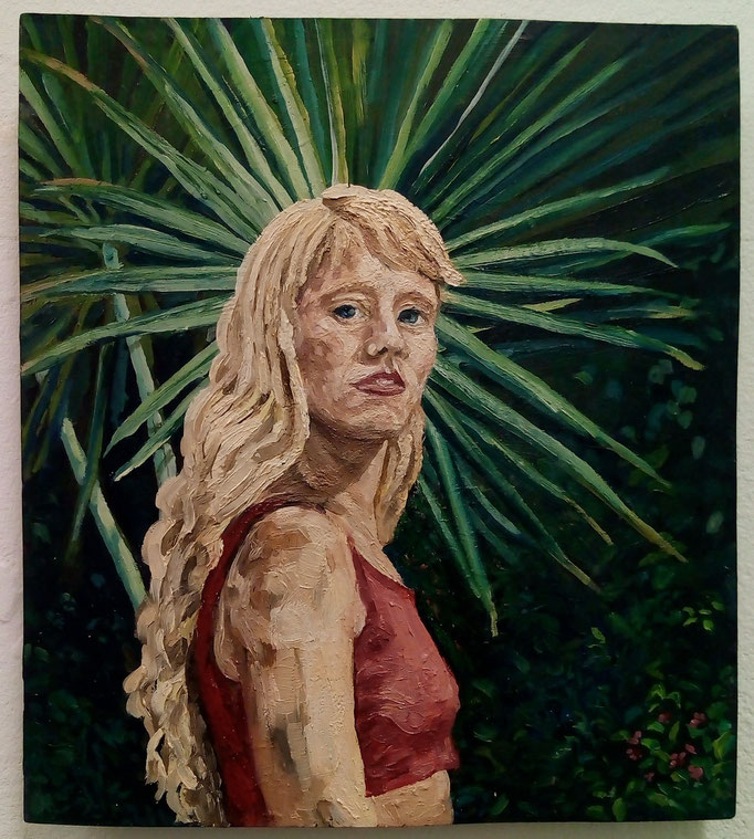 Masurka Mazza, serie Human & Nature, " Alice im Garten", 2018 oil on wood, 20 X 35 X 1 cm