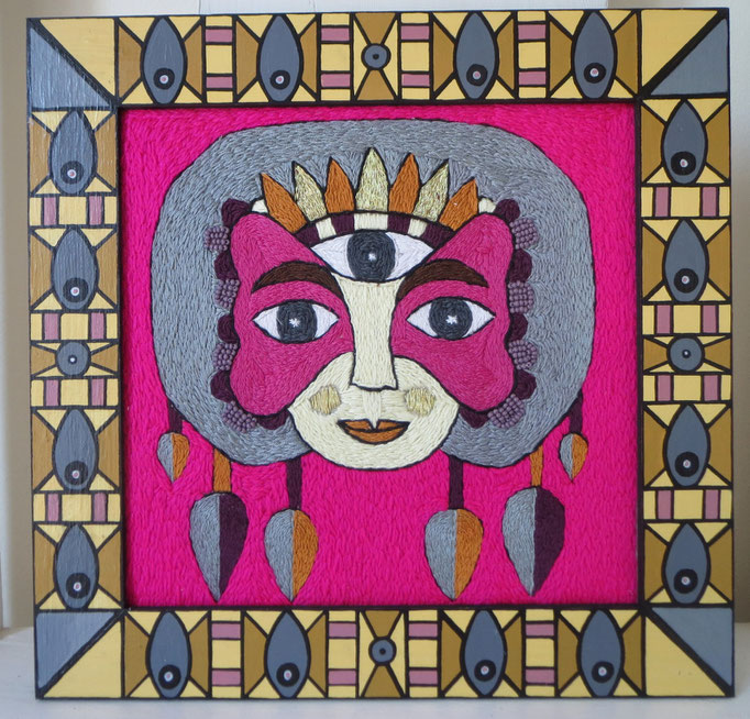 Diosa I, embroidery and beads on canvas with hand- painted frame, 2020