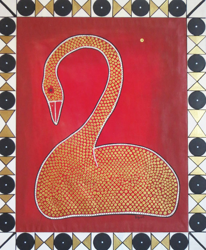 Il cigno, 2006, cm64.5x78. Acrylic paint on canvas. The picture has an handmade wooden frame hand painted by myself.