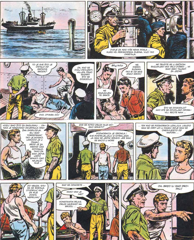Diese Seite des Comics 'Gusari na Atlantiku'; Panels zeigen ein deutsches U-Boot und die Rettung des griechischen Maschinisten Konstantin Pelas durch die Besatzung der 'Olib', Zdenko Svirčić, Zagreb, Kroatien