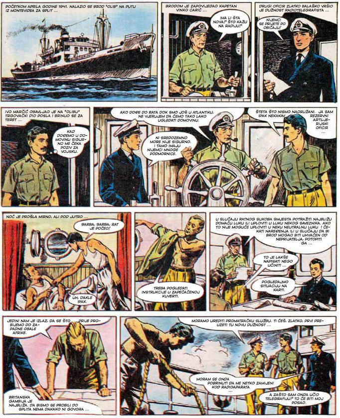 Diese Seite des Comics 'Gusari na Atlantiku'; Panels zeigen das Schiff 'Olib' auf dem Atlantik im April 1941 sowie die Vorstellung der Besatzung, Zdenko Svirčić, Zagreb, Kroatien