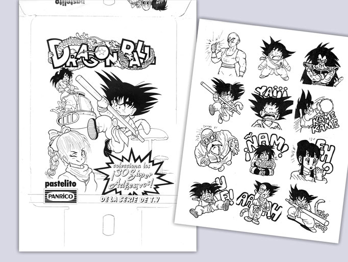 Originales y boceto para packaging de Panrico, y cromos de Matutano con dibujos de Licencia autorizada de Dragon Ball