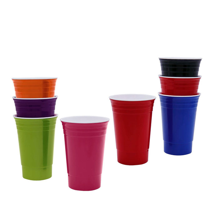 Código TMPS 119 VASO FIESTA Vaso de plástico doble pared. Interior color blanco. Material: Plástico. Medida 9.7x 14 cm. Capacidad: 480 ml 