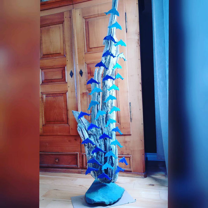"The Dolphinium" . This is my latest work: A huge piece of driftwood found at Edith Lake in Kamloops with turquoise and blue dolphins. Height with rock: 1.58m, 5.18ft. 
