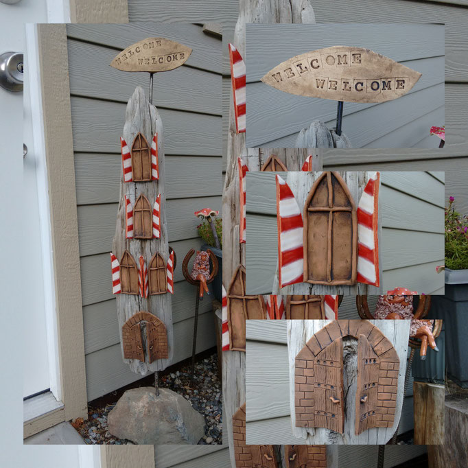 WELCOME totem for the entry. With a big nice piece of driftwood, found at Cooney Bay, Kamloops and windows, windowshutters, a ceramic entry, together with the Welcome sign on top of it. Height with rock: 1.23m, 4ft. 