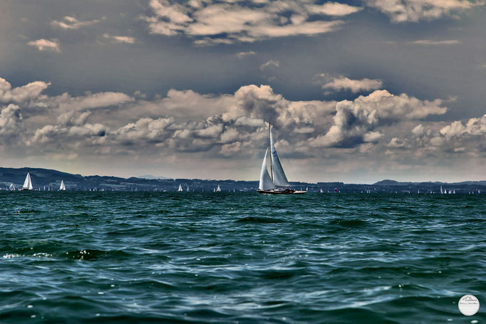 Bild: Segelschiffe auf dem Bodensee in der Nähe von Wasserburg, "white sails bright blue sky"; www.2u-pictureworld.de