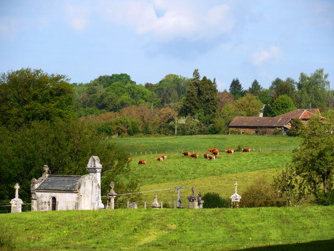 Le cimetière de St-Bonnet-Briance, à côté du bourg mais au milieu des champs.