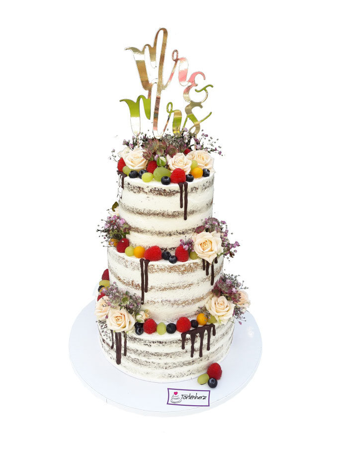 Semi Naked Cake mit Blumen und Schokoladen-Drip