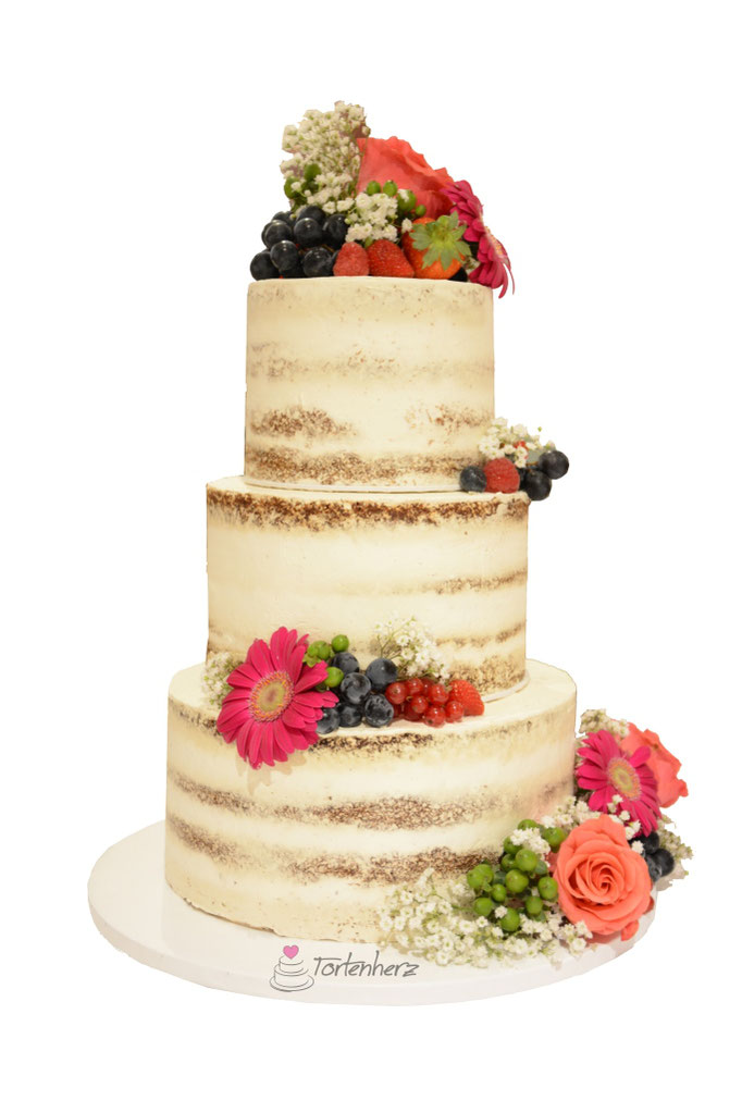 Semi Naked Cake mit Blumen und Früchten