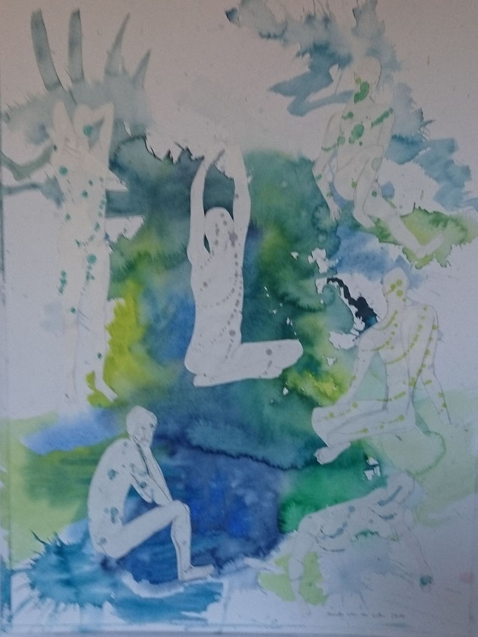 Turnende Männer, 2014, Collage, Aquarell, Bleistift, 50 x 64 cm
