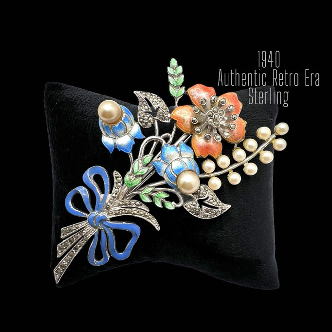 1940s High End Flower Floral Bouquet Brooch w/ bright enamel,Marcasite and Pearls set in Sterling - Rare Find - art.680/7