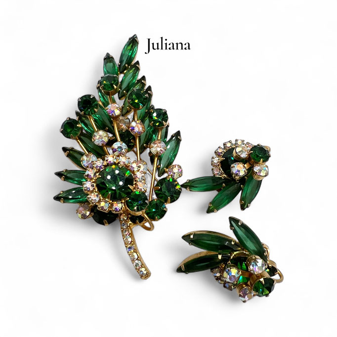 Juliana D&E Rare Large Green Glass Crystal JULIANA Flower Brooch Earrings Set - Art.560/7