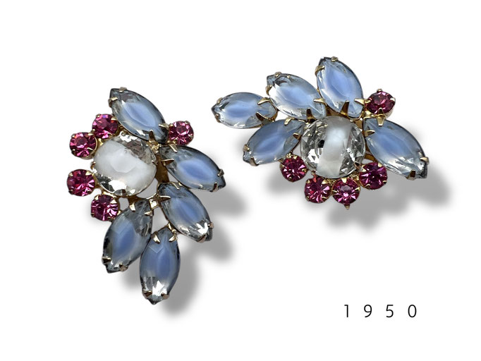 Vintage DeLizza & Elster Juliana Blue Givre Pink Rhinestone Earrings- exquisite combo colors and fiery sparks - Art.388/7