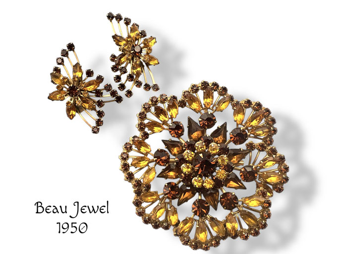Huge Starburst Flower Amber and Gold Rhinestones Brooch and Earrings set - Beau Jewel unsigned- Art.434/7