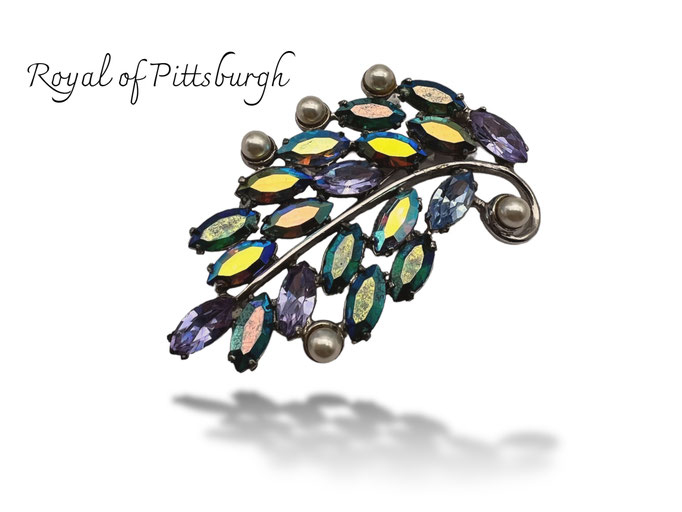 Late 1950s Royal of Pittsburgh (Pastelli) brooch - amount of dazzling play of light, color and sparkle in a leaf design -Art.811/6