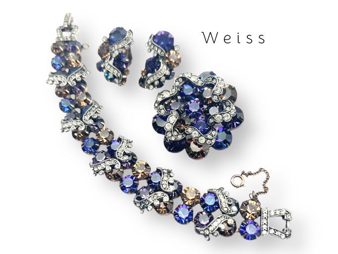 Vtg Weiss Sapphire Blue, Topaz & Diamante rhinestones Bracelet, Brooch and Earrings set- Amazing collector's set - Weiss signed-Art.445/7