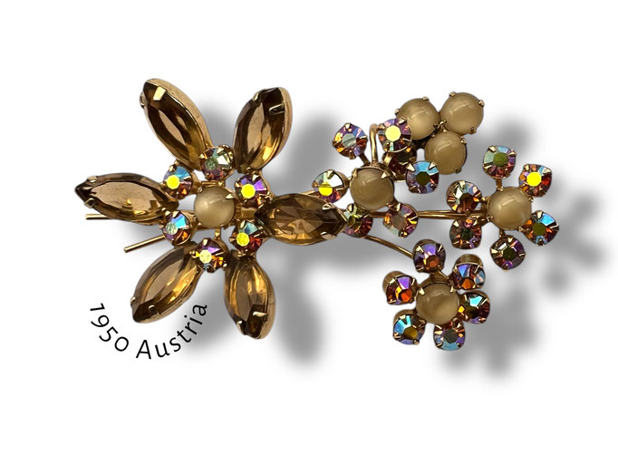 Elegant beauty 1950s Austrian unusual spray floral brooch with vibrant glass topaz crystals, AB chatons and cat's eye cabochon -art.424/7