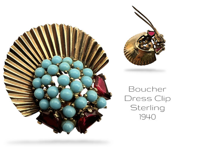 ca 1944-1949 Boucher Sterling Silver Phrygian Cap Rhinestone Fan Fur Clip w/deep red unfoiled stones and turquoise cabs- Art.437/7