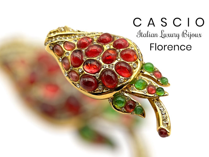 High end luxury Italian brand Bijoux Cascio Florence flower brooch - Red and green Gripoix stones and clear crystals - Art.741/6
