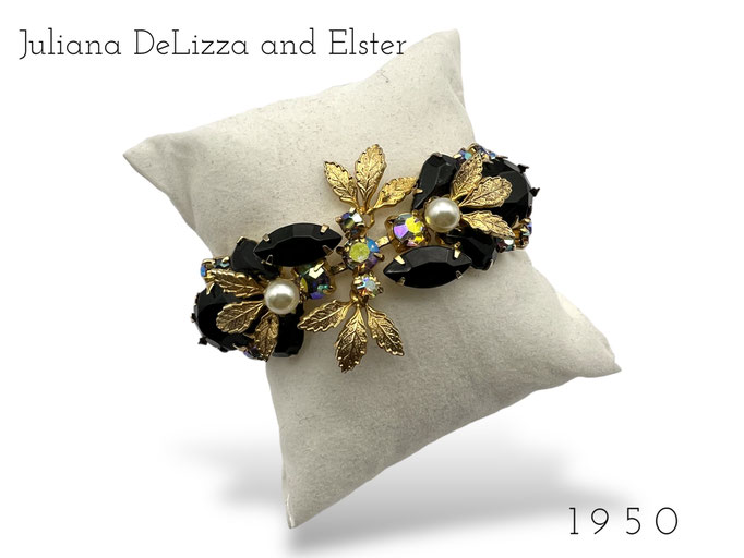 Vintage Juliana Bracelet with Black Navettes & Aurora Crystal Rhinestones,Gold Leaves Bracelet- 1950 Glam and Glitzy - Art.470/3