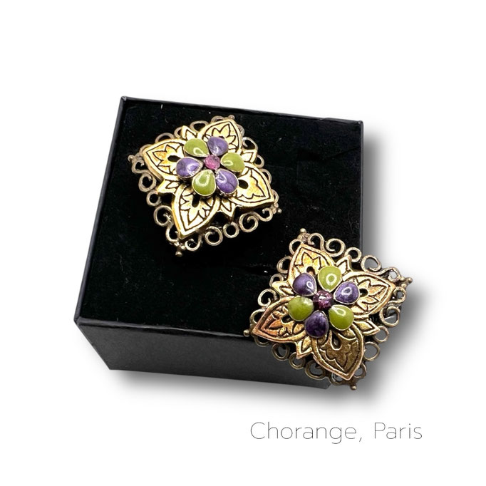 Chorange Paris, French couture Clip on Earrings - antiqued gold and enamel - original Gothic chic design - Art.525/7 -