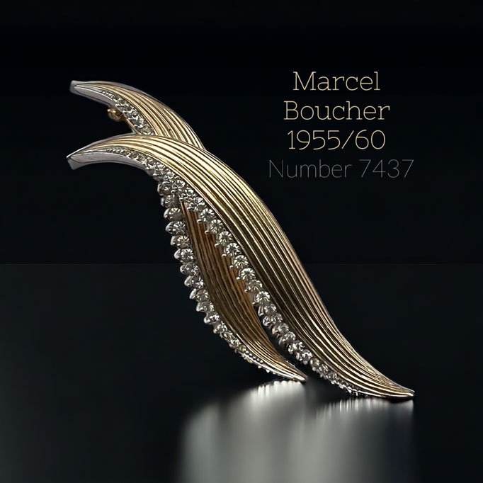 Super chic BOUCHER numbered 7437 brooch double wave design gold and silver rhodium-plated metal brooch w/rhinestones accents -Art.198/7