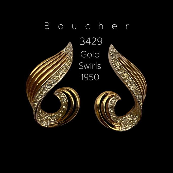 1950s  Boucher swirl Gold design accentuated by Clear Pavé Earrings by Marcel Boucher - Dramatic number 3429 Swoop Design - Art.435/7