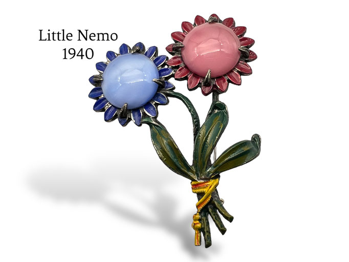Rare Little Nemo Pin Signed LN/25-Romantic blue and pink floral bouquet w/art glass cabs and painted enamel - Art.85/7