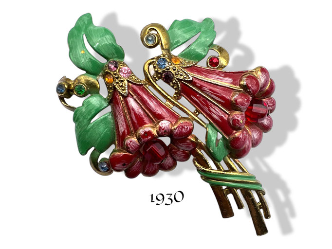 1930 Vintage floral double hanging bell brooch - Adorable red bouquet brooch with lively rhinestones and crispy enamel -- art.366/7