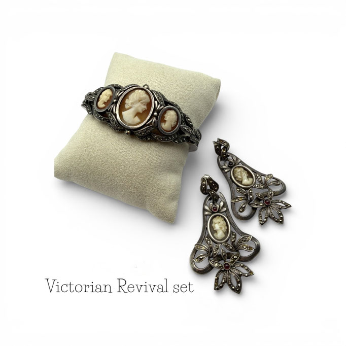 Victorian Romance sterling set bracelet and earrings w/marcasite, garnet and real cameo - Art.645/7