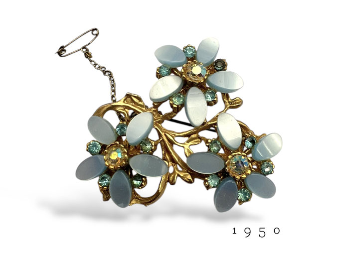 1950s glowing blue baby Thermoset Romantic Bouquet Brooch with crispy AB sparks - Shades of blue and gold - Art.286/7