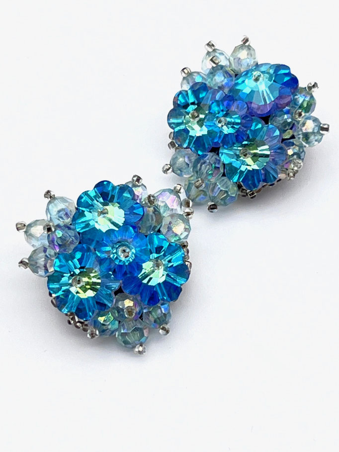 Superb Vintage AB finish Margarita stones and crystal beads cluster clip earrings, silver tone fittings- Best quality earrings Art.456/6