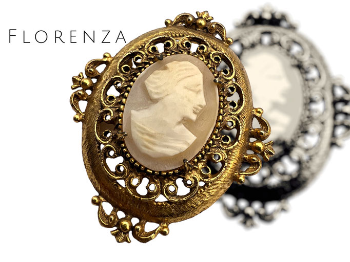 Florenza signed Genuine Shell Carved Cameo Portrait Pin - large oval vintage brooch, massive elegant jewelry - Art.793/6
