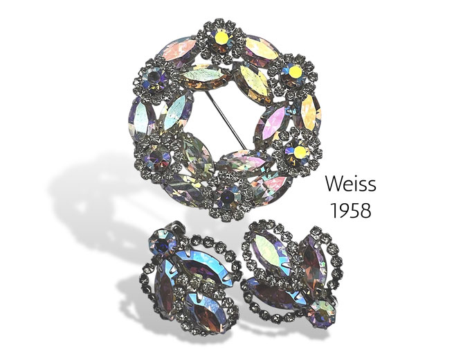 VTG Signed Weiss Round Brooch Clip On Earring Set AB Rhinestone Rhodium Plated -WEISS "Aurora Borealis" Harper’s Bazaar, 1958 - Art.355/7