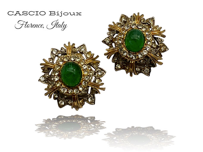 CASCIO high-end Italian Couture Earrings w/captivating Gripoix cab in vibrant emerald surrounded by clear rhinestones-Art.817/6